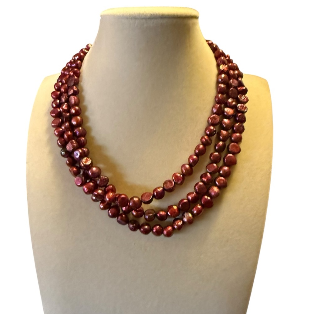 Elegant Berry Color Triple Strand Cultured Pearl Necklace Sterling/Garnet Clasp